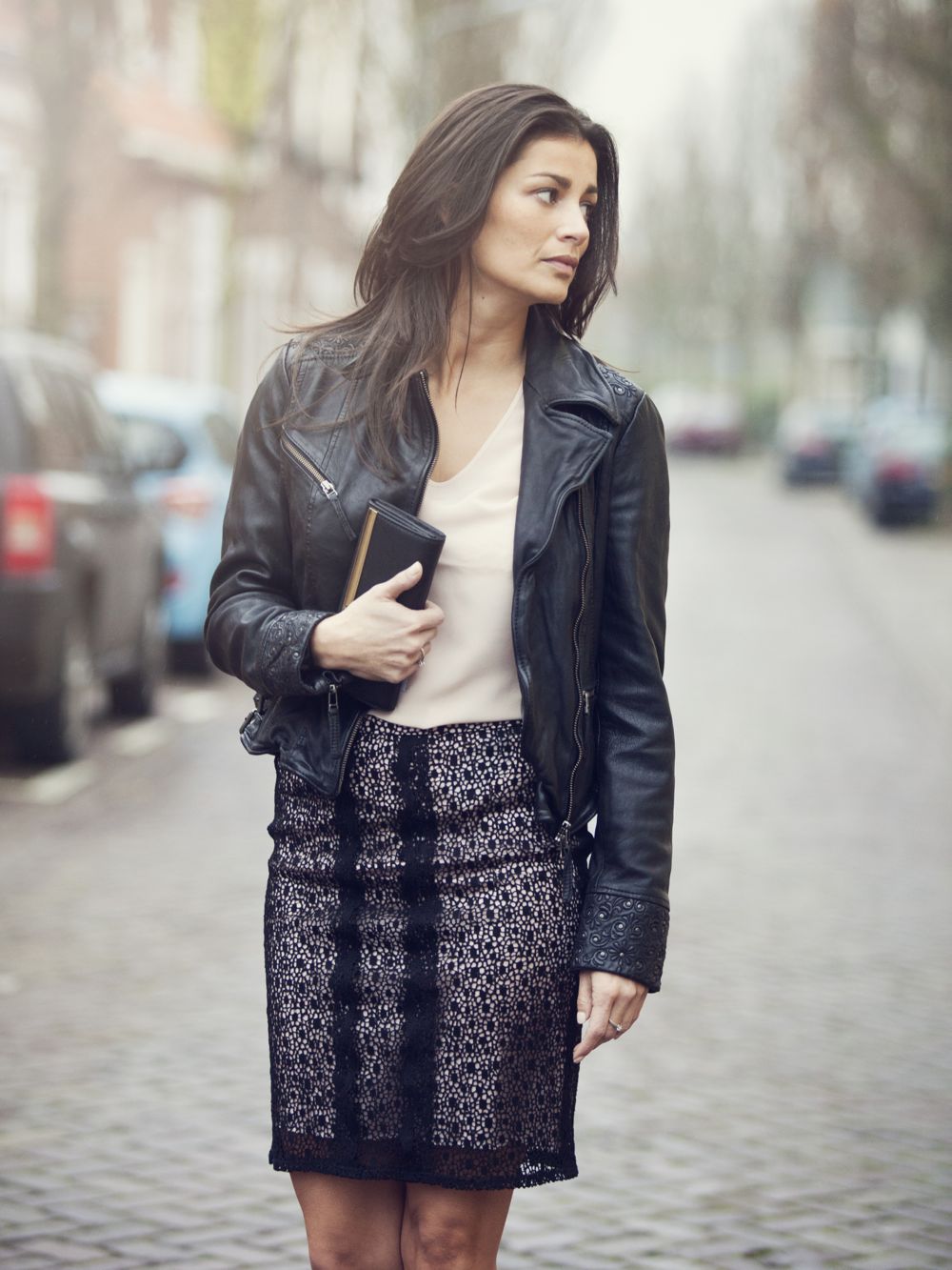 street fashion lace skirt with leather biker jacket BlogForShops.nl