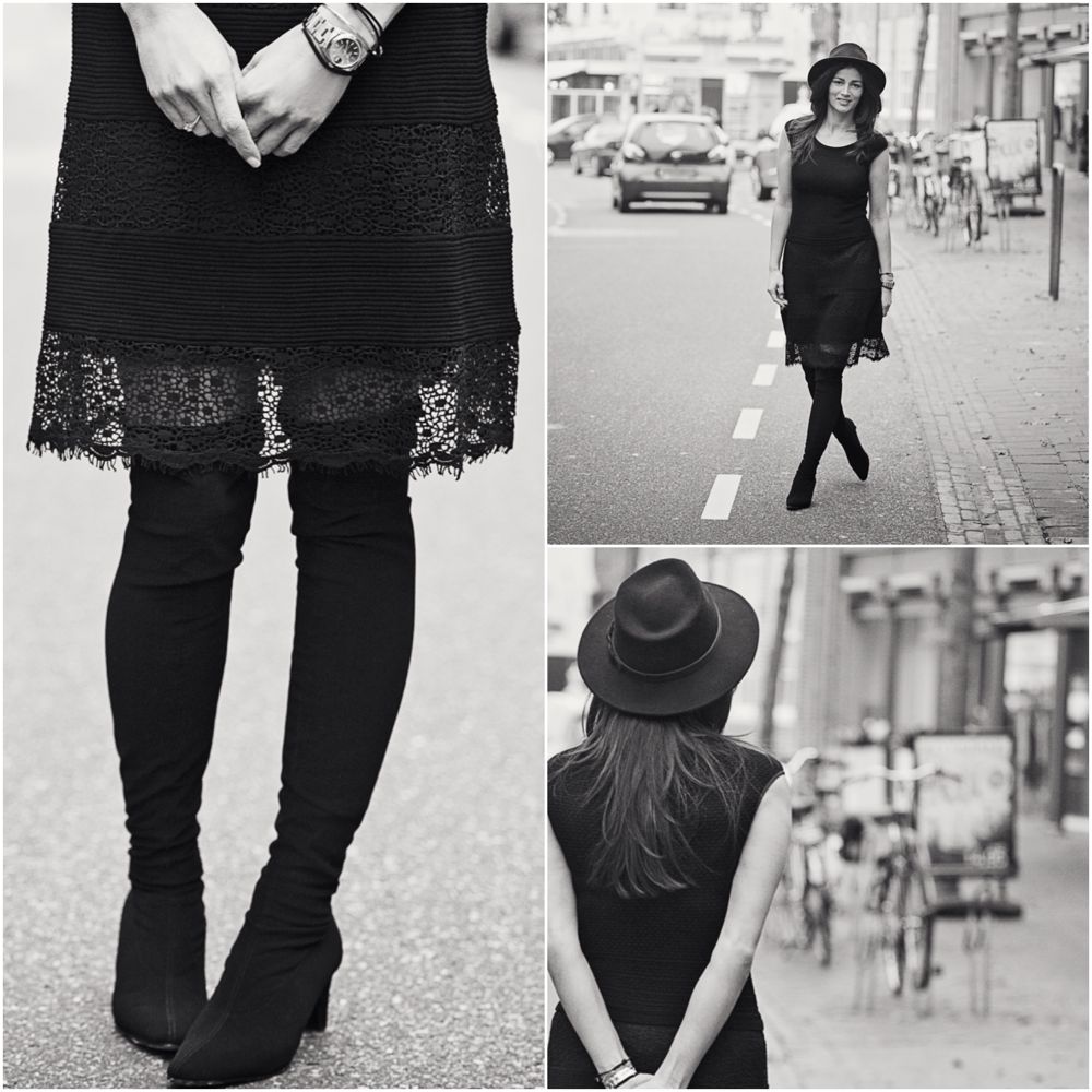 streetstyle looks for De Nobelaer Domburg black lace dress overknee boots BlogForShops