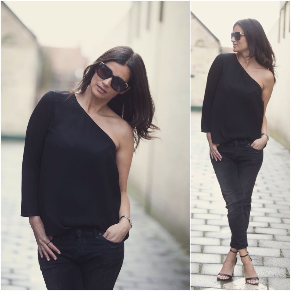 streetstyle look all black spring summer 2015 BlogForShops Sabrina for Non Solo in Waalwijk wearing Ba&Sh top, Seven jeans and Zara heels, Sunnies are from Chloe