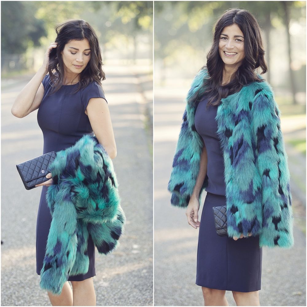 streetstyle faux fur coat and dress BlogForShops De Nobelaer