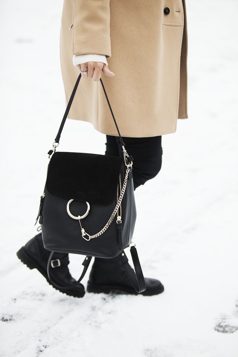 BlogForShops winter look 2017 wearing Givenchy coat, Chloe Faye backpack, Saint Laurent boots