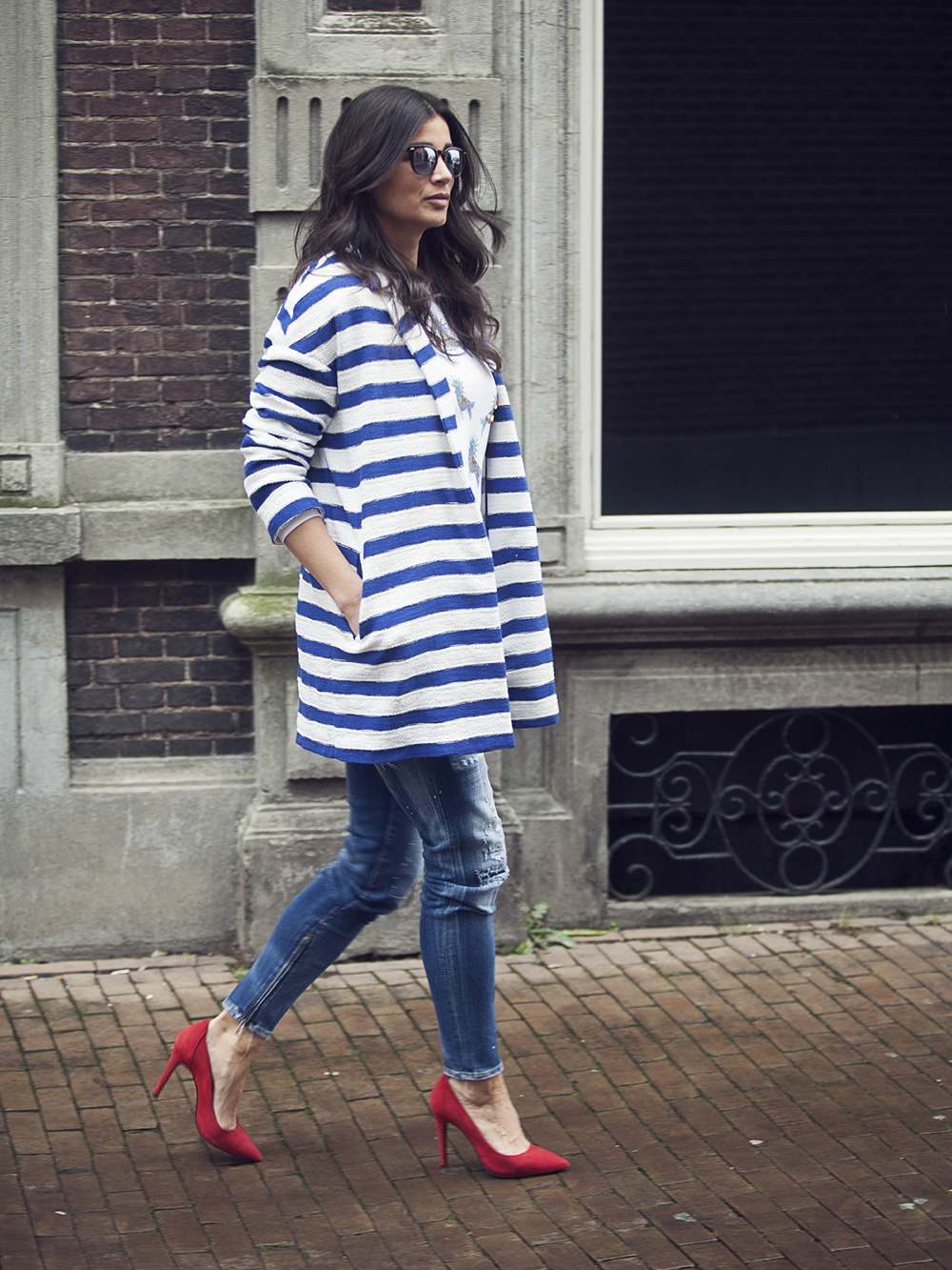 streetstyle look street photography spring 2015 stripes breton red pumps Pinko Dsquared BlogForShops