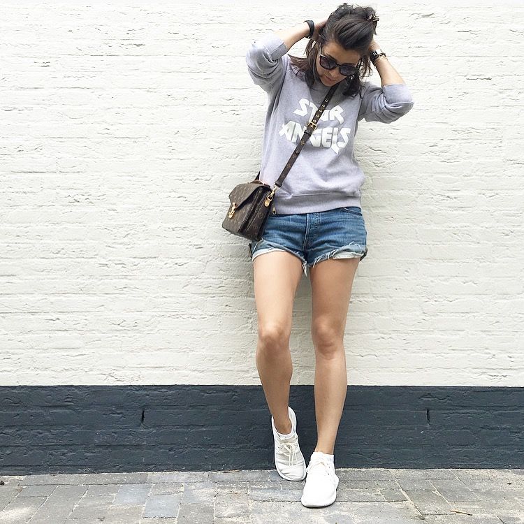 Streetstyle spring summer look 2016 Levi's cut off's Julian sweater by Rika, Louis Vuitton Pochette Metis, Adidas Tubular special women's edition white