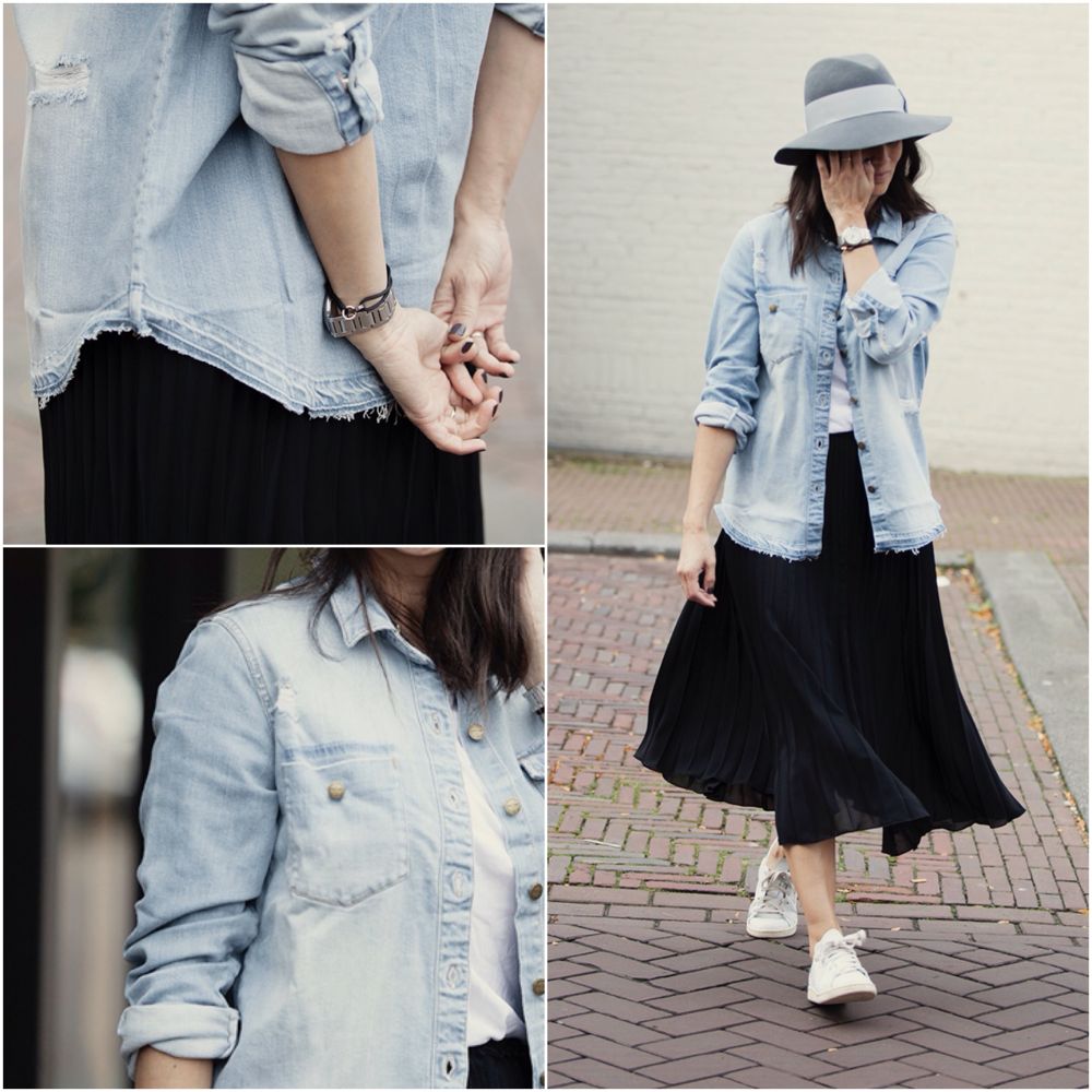 streetstyle 2015 denim shirt by current elliot and pleated skirt by patrizia pepe styled by www.blogforshops.nl for Chica Chico Veghel
