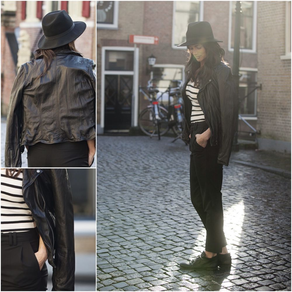 streetstyle look leather bikerjacket striped top suit pants BlogForShops' Sabrina for Pardoes Oudewater