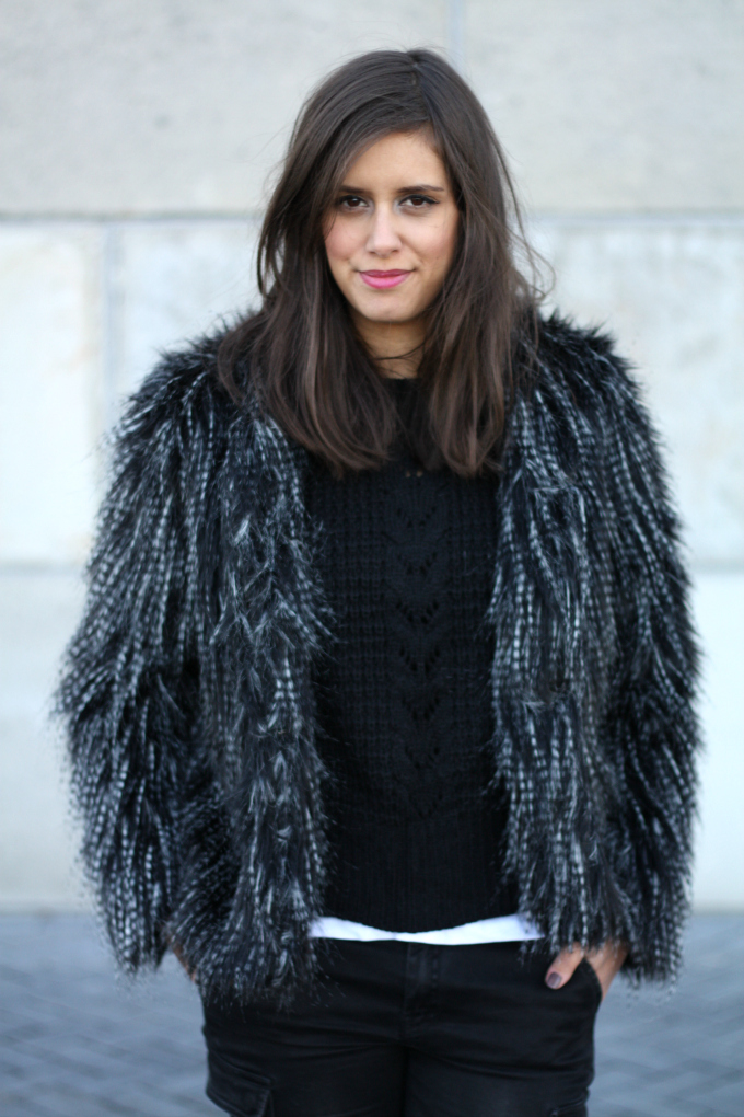 Outfit faux fur hairy coatblack cable knit sweater