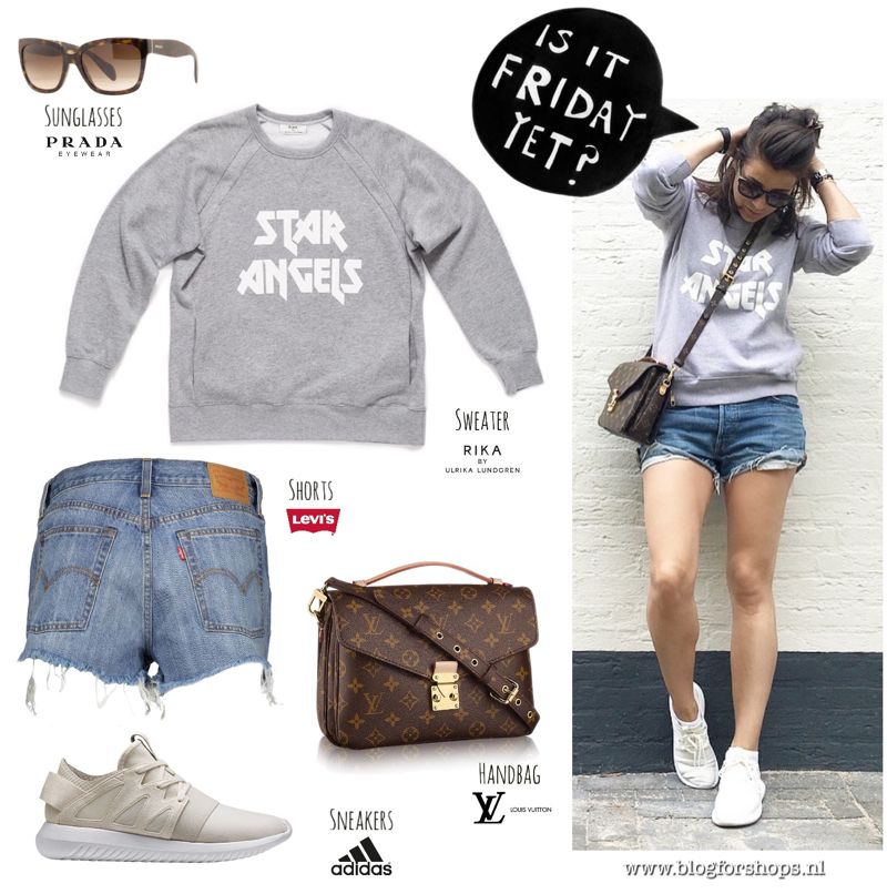 Streetstyle spring summer look 2016 Levi's cut off's Julian sweater by Rika, Louis Vuitton Pochette Metis, Adidas Tubular special women's edition white